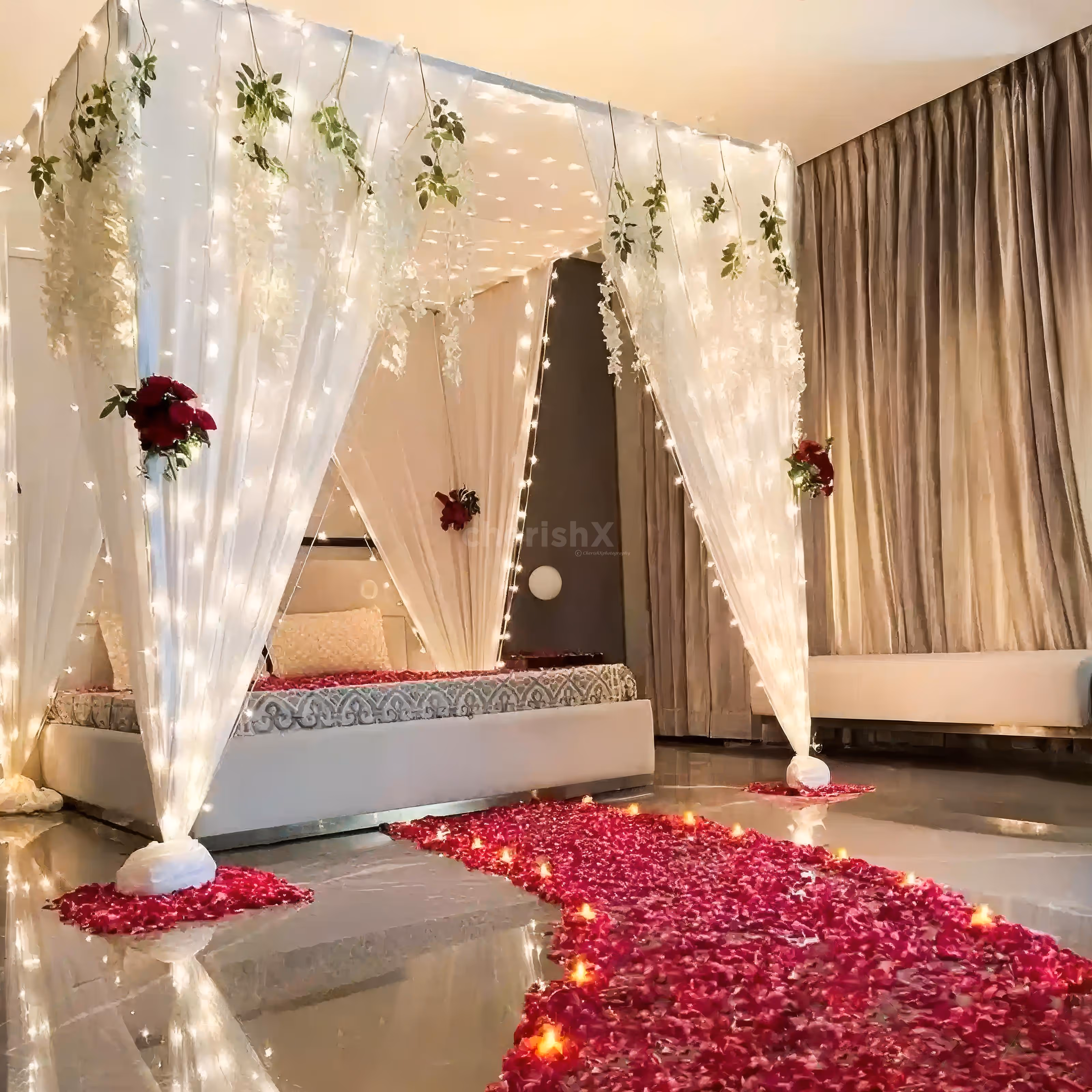 Fresh rose petals welcome the couples into the vibrant ambience filled with love