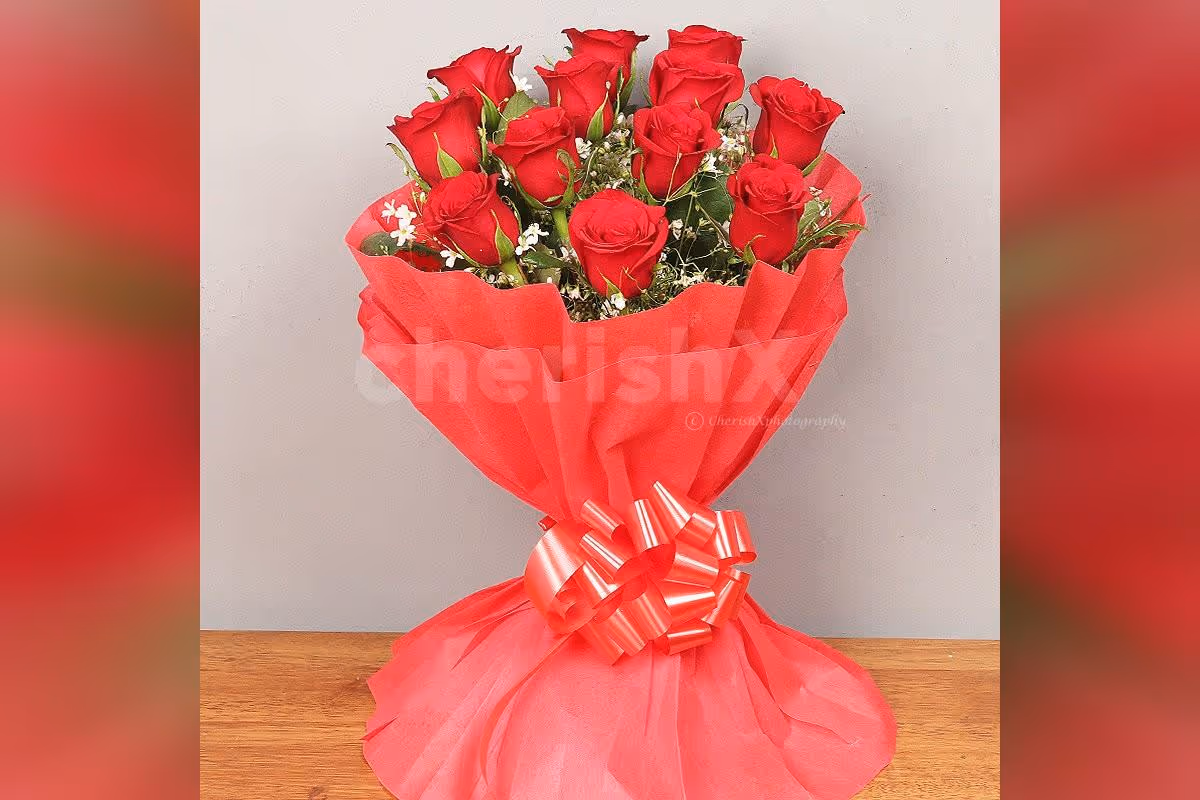 12 Red Roses in Red Color Paper Bouquet