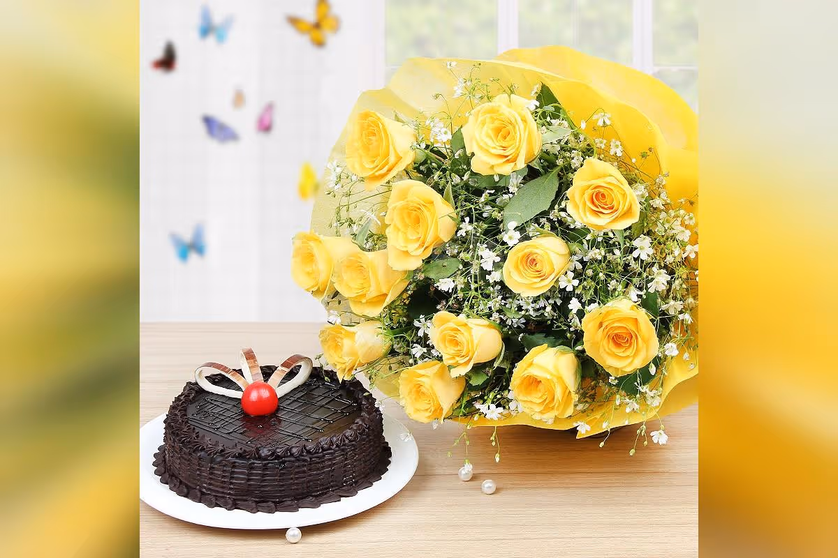 yellow roses and chocolate truffle cake
