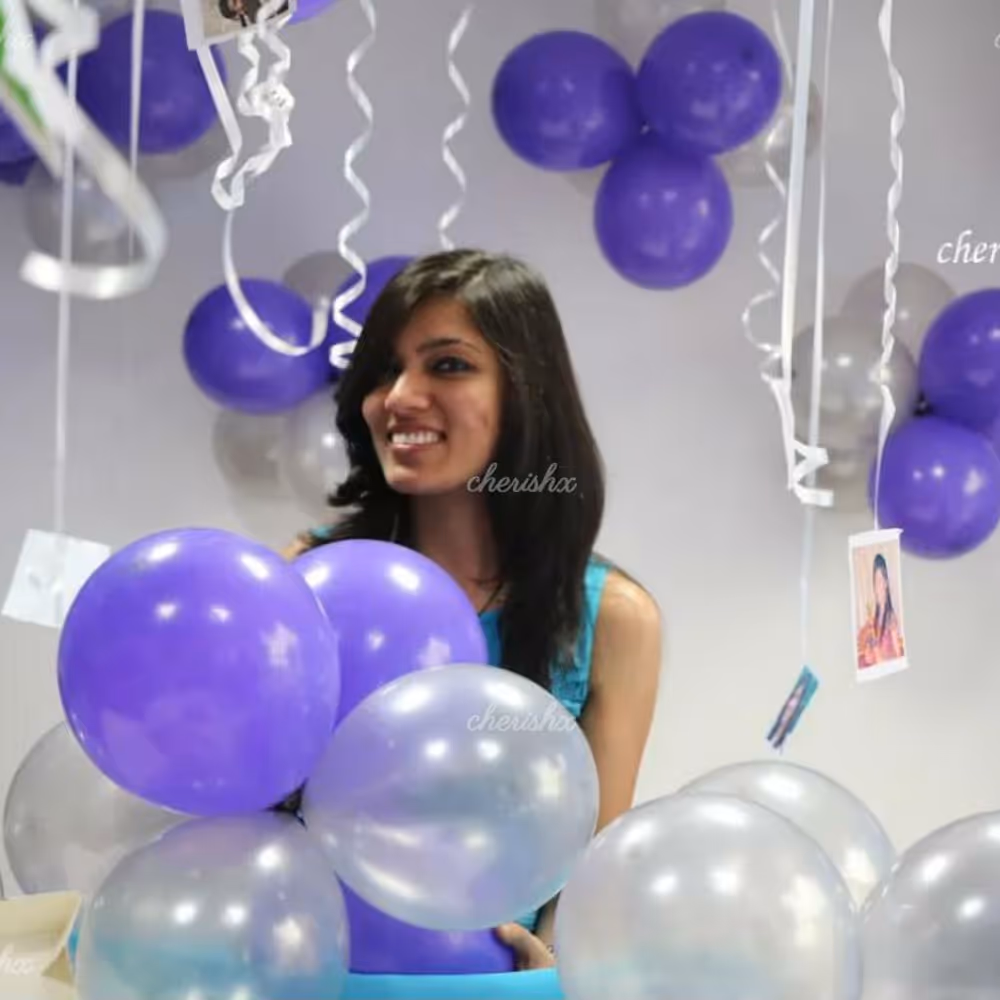 200 Balloon Decoration with ribbons and printed photos to celebrate wife's birthday