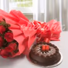 A Rose bouquet with a chocolate cake.