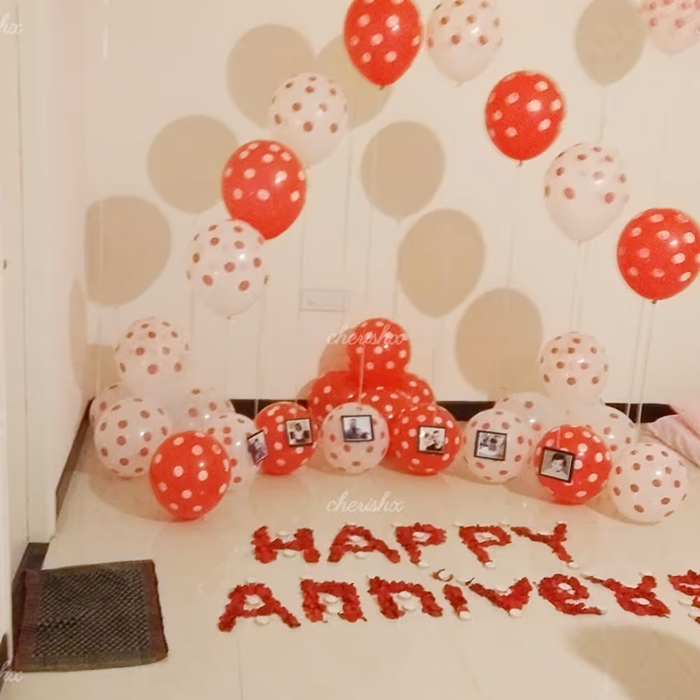Set up with polka dots balloons and rose petals for a mindblowing surprise.