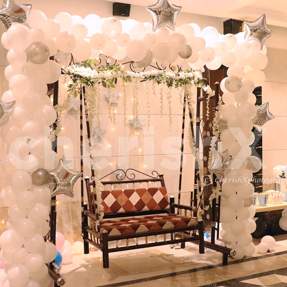White Theme Balloon Decoration with Stars LED Backdrop