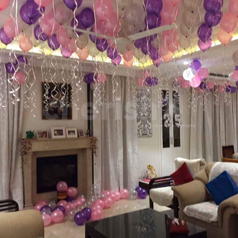 Beautiful Balloon Decor with hanging photos at your home in Delhi, Gurgaon, Noida, NCR