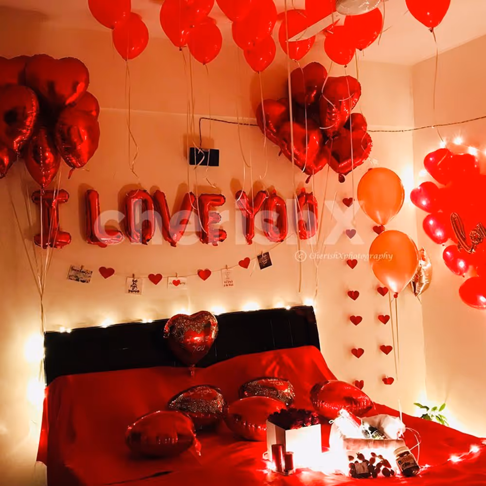 Book this charming Balloon Room Decoration and surprise your partner on your anniversary, or birthday.