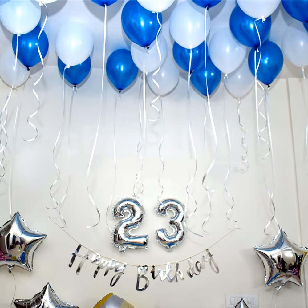 A birthday balloon room decor in a blue colour theme.