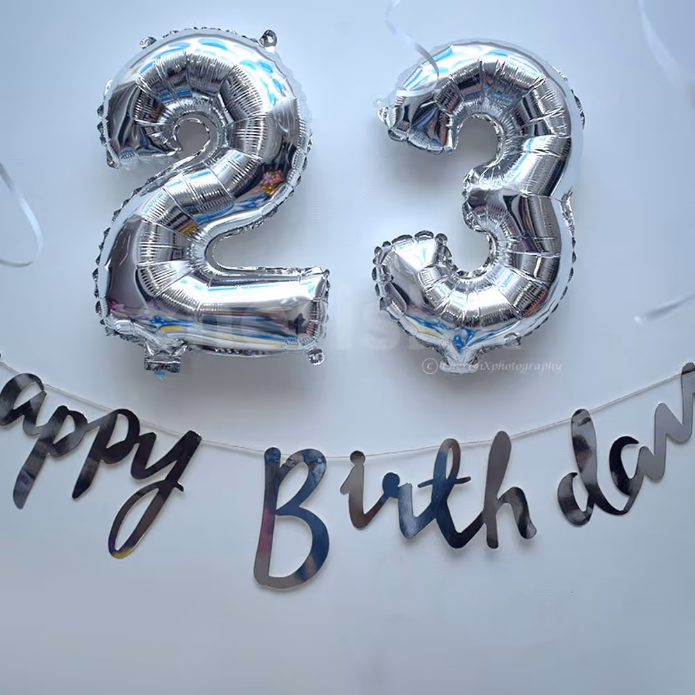 Silver number foil balloons and silver happy birthday bunting for Blue Themed Decor.