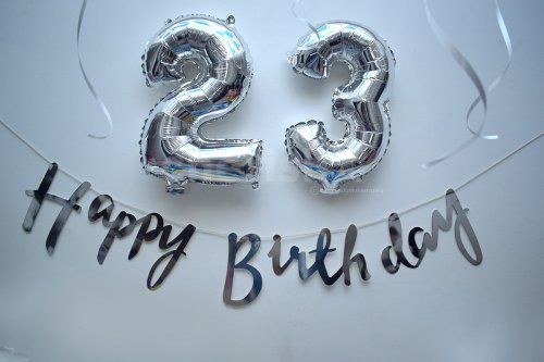 Silver number foil balloons and silver happy birthday bunting for Blue Themed Decor.