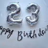 Silver number foil balloons and silver happy birthday bunting for Blue Themed Decor.
