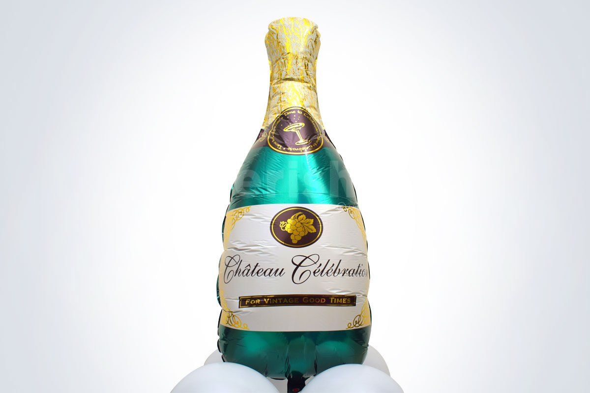 A Champagne bottle foil balloon for the Blue Themed Birthday Decor.