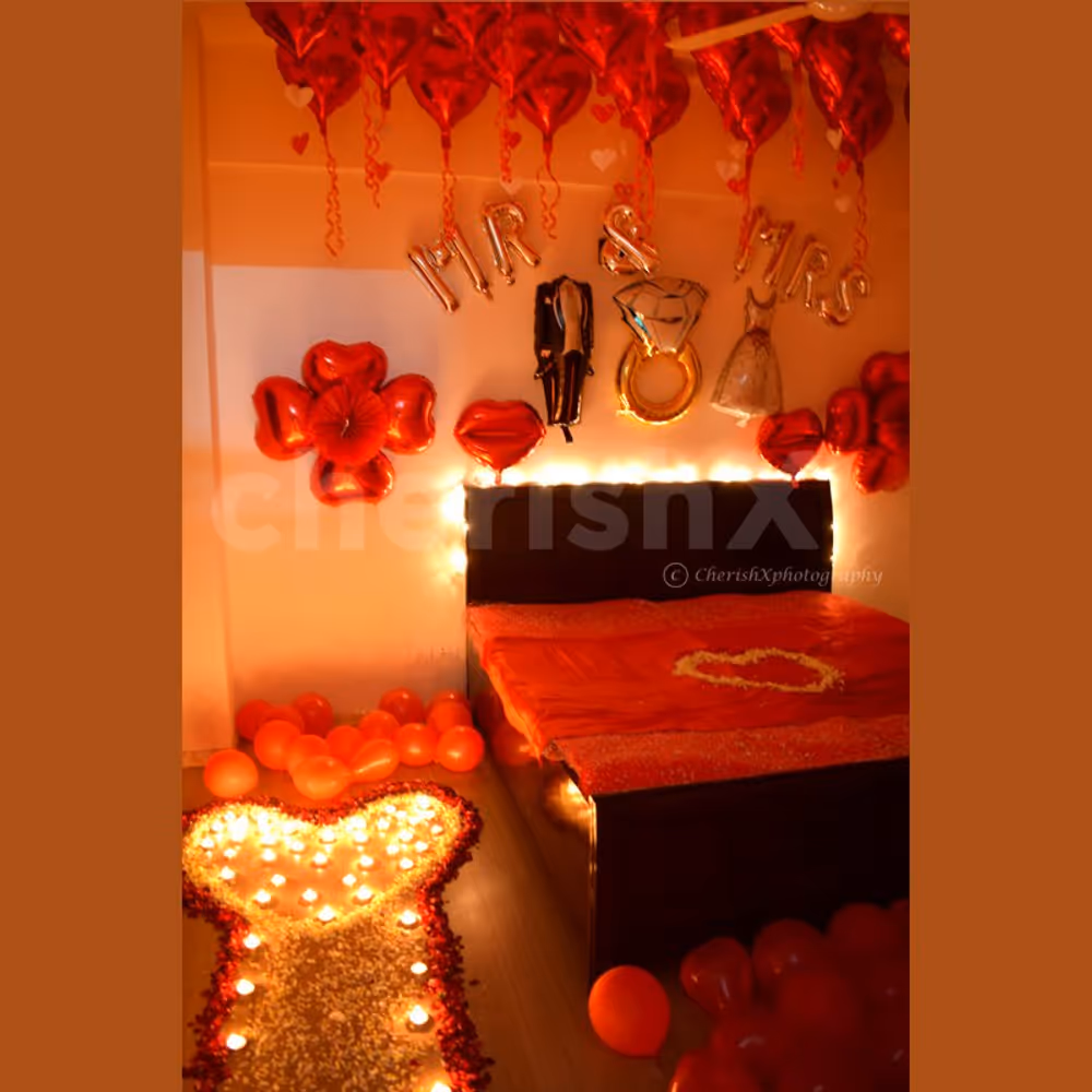 First night wedding decor. Romantic bed decoration.