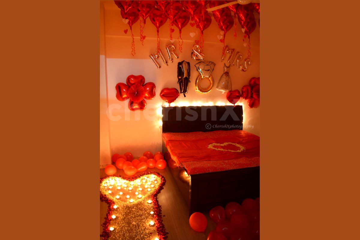 First night wedding decor. Romantic bed decoration.