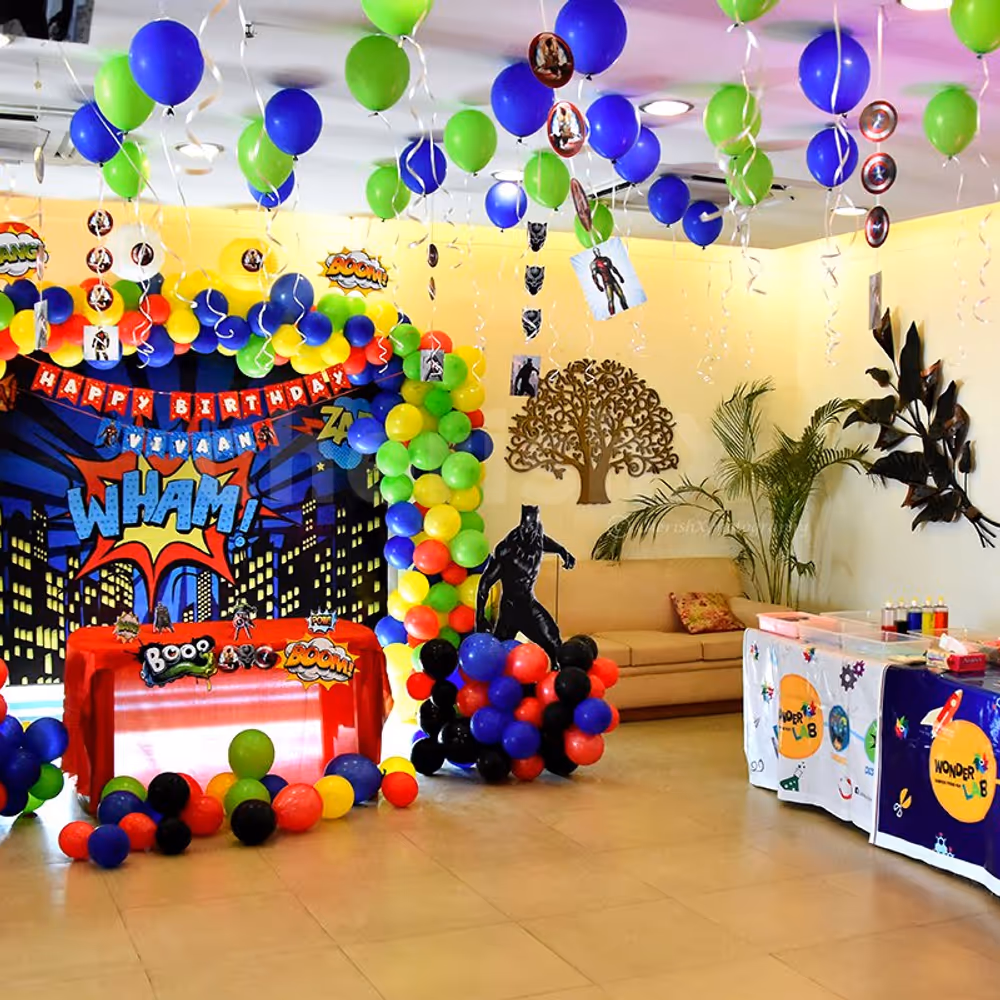 A kid's superhero Decor including Captain America, Black Panther and many more character cut-outs.