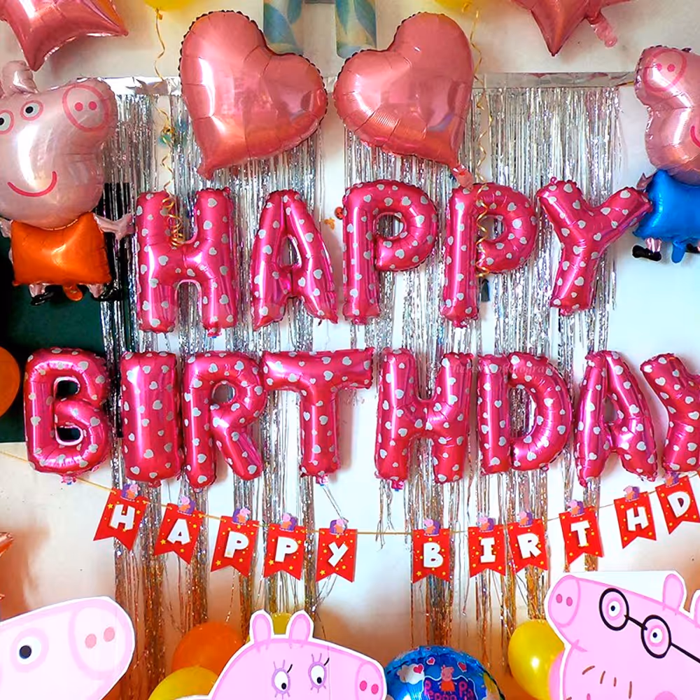 Happy Birthday Foil Balloons in Pink Color for Peppa Pig Theme