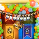 The Harry Potter Wall Decor with Harry Potter Themed Bunting and the four famous Houses in the Howgwarts.