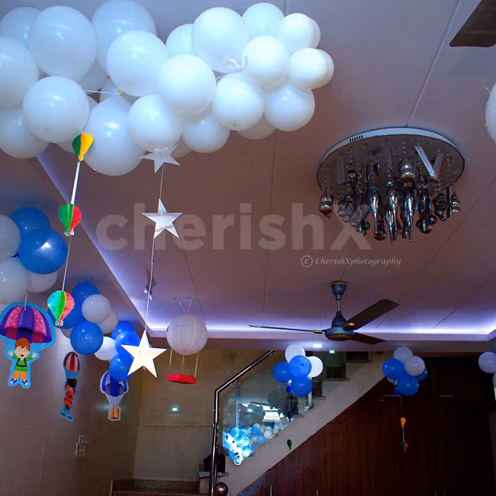 To add to the room decoration, the theme decor consists of Star hangings, Buntings, Paper Air Balloon cut-outs and more.
