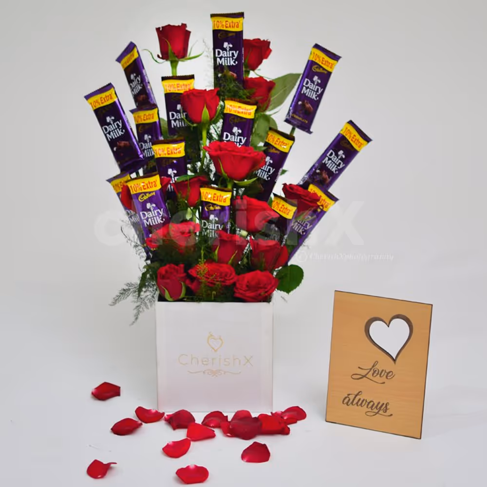 Send a bucket full of roses and chocolates to wish someone a birthday or anniversary.