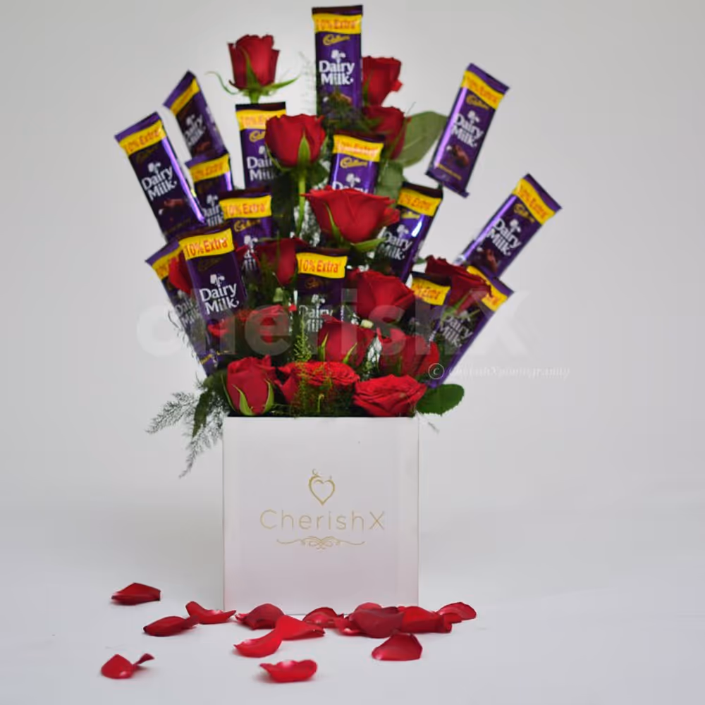 There are 15 roses and chocolates in this adorable bucket.