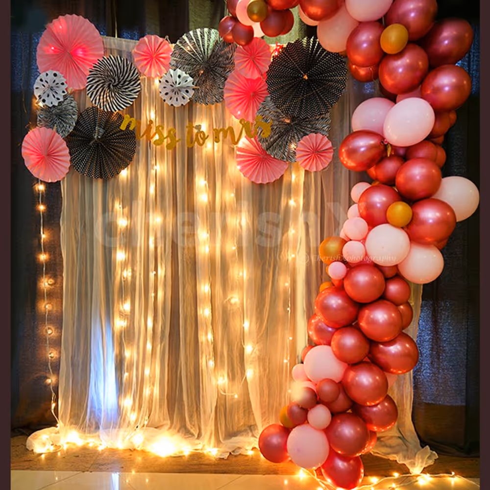 The Bridal Shower Decor with Balloon Arc on one side and Rosettes on the other.