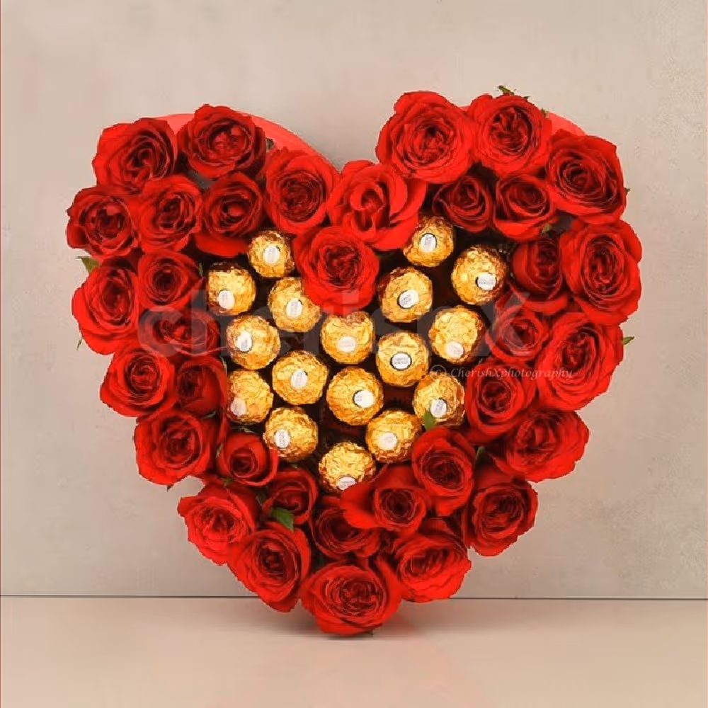 Beautiful Red roses and ferrero rocher heart arrangement 