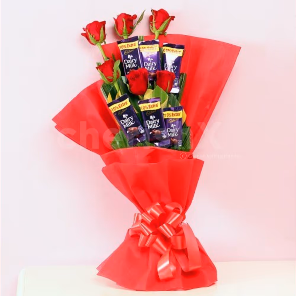 red rose and dairy milk bouquet