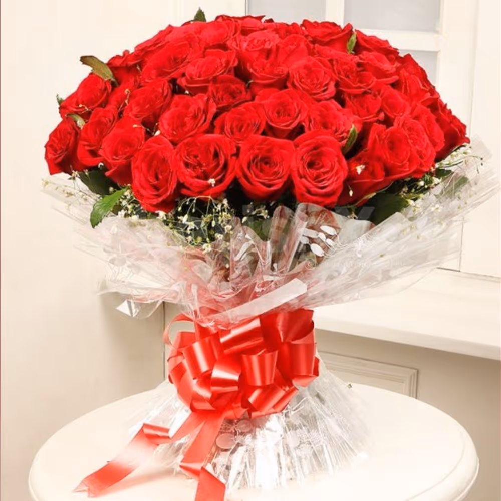 50 red roses blooming bouquet