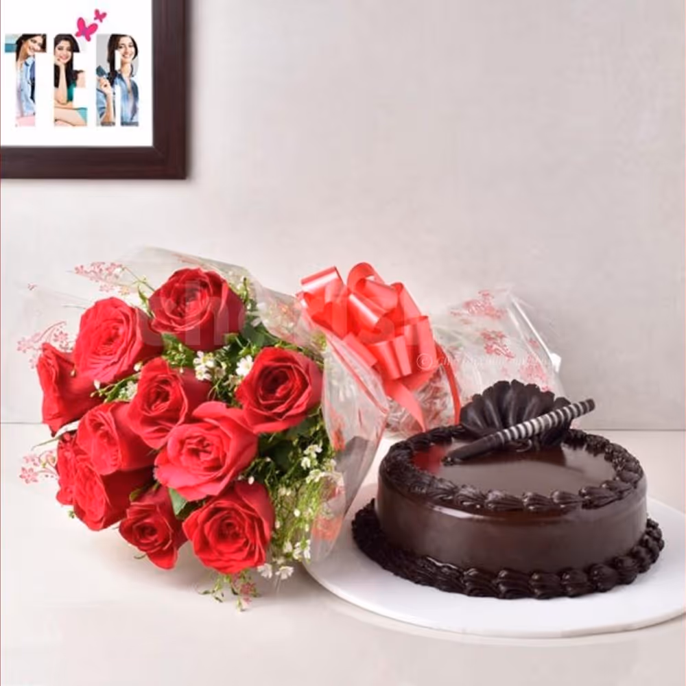 Red rose and chocolate truffle cake combo