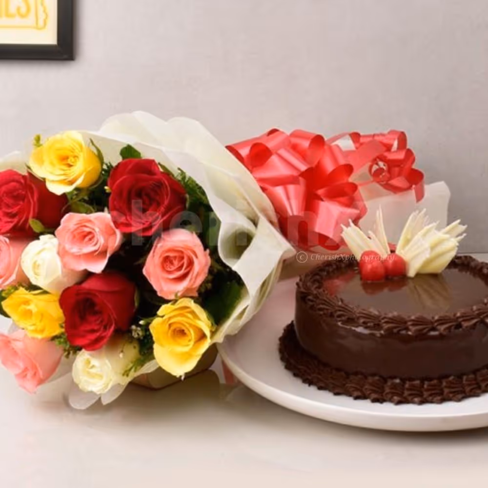 12 mixed roses and truffle cake combo