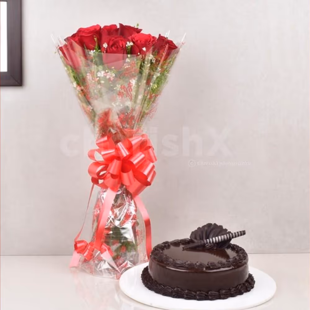 10 Red rose and chocolate truffle cake combo home delivery