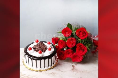 10 red rose bouquet and black forest cake