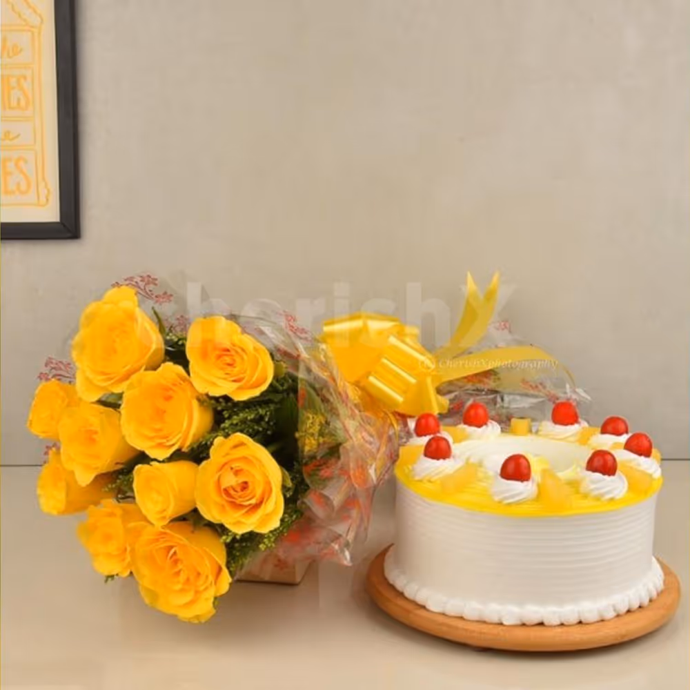 10 yellow roses and a pineapple cake