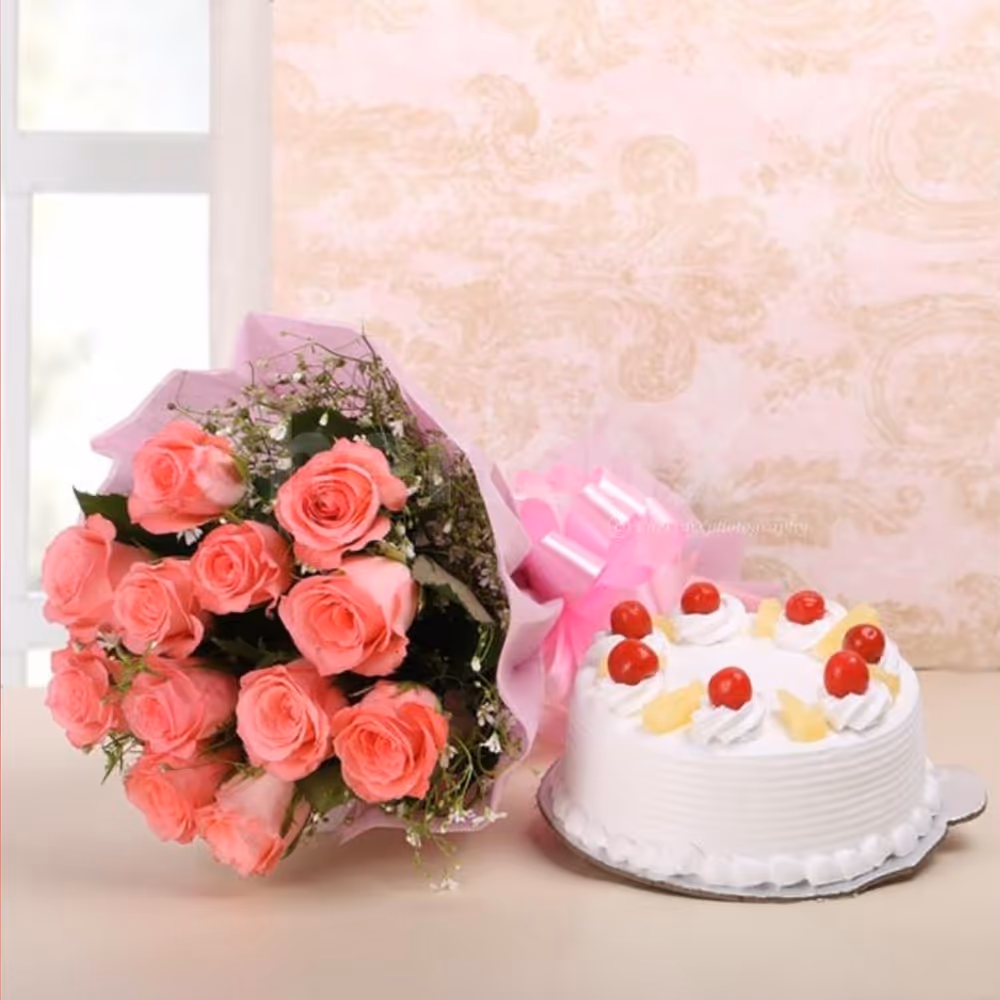 10 pink roses with pineapple cake