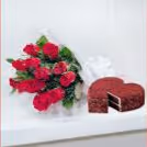 12 red rose bouquet with heart shape red velvet cake