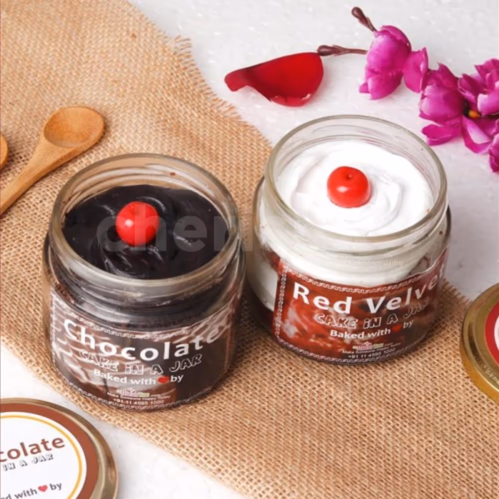 12 Red rose bouquet with 2 cake jars - red velvet and chocolate truffle flavors