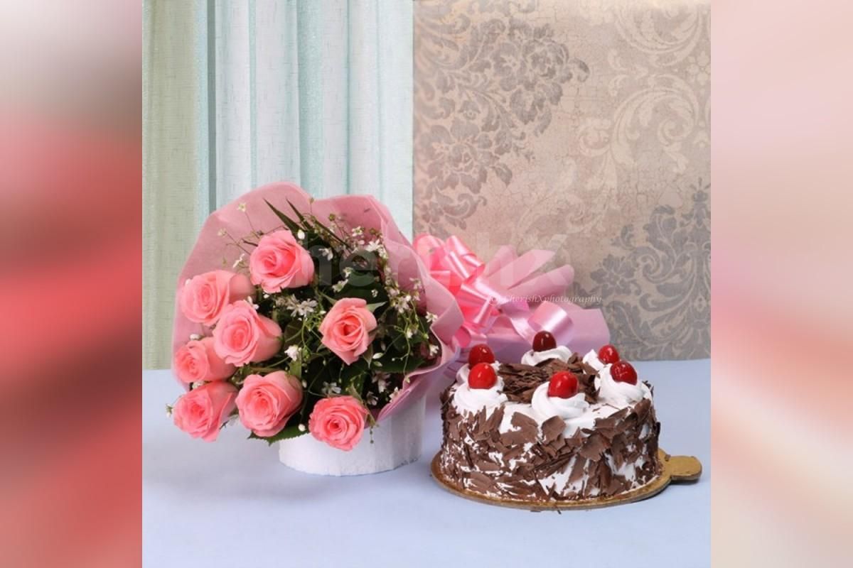 10 pink roses and black forest cake combo