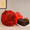 50 Red roses bouquet and a heart shape chocolate truffle cake