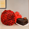 50 Red roses bouquet and a heart shape chocolate truffle cake