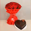 50 Red roses bouquet and a heart shape chocolate truffle cake home delivery