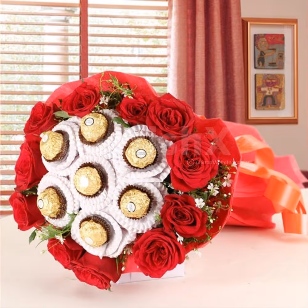 12 Red Roses with 16 ferrero rocher bouquet