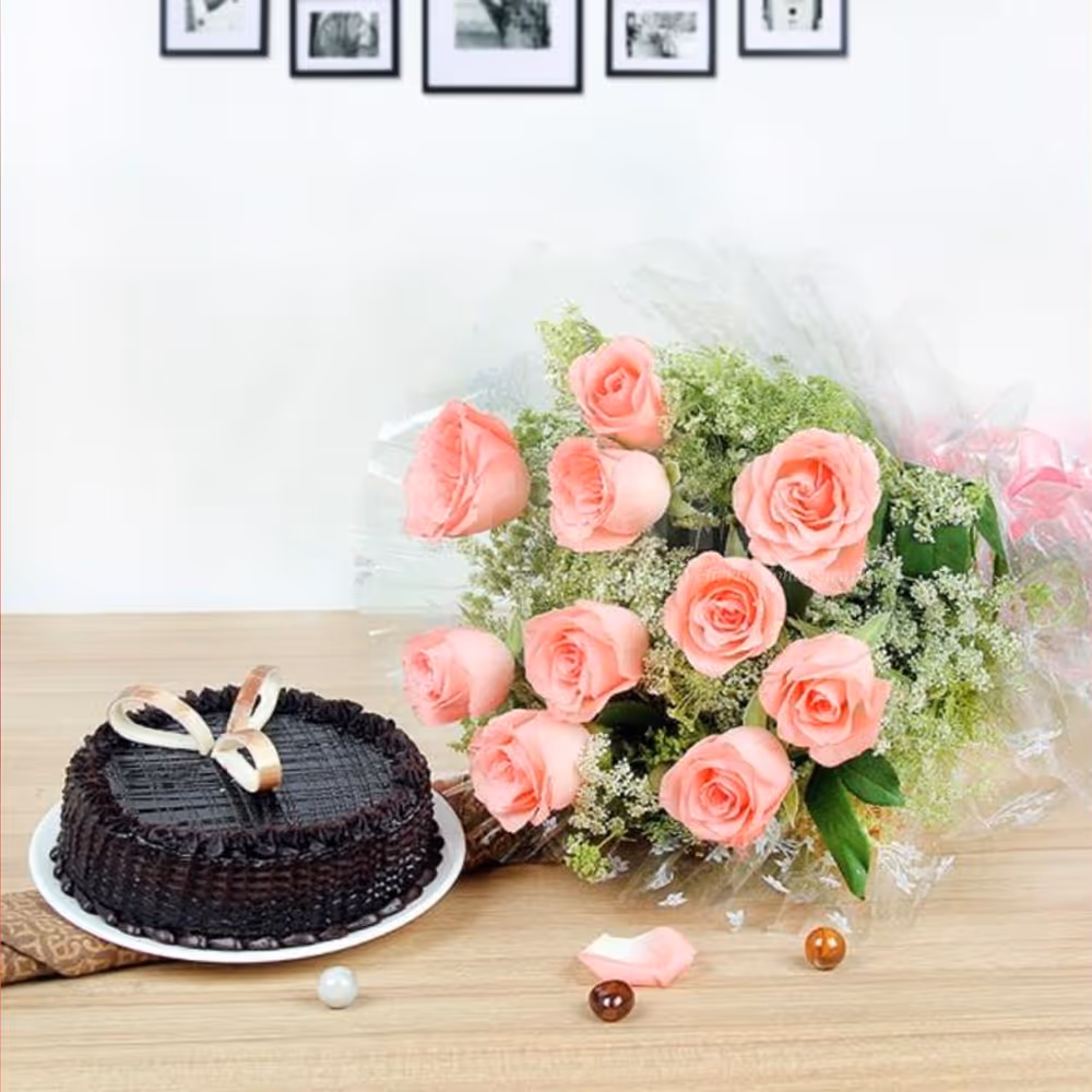 10 pink roses and chocolate truffle cake