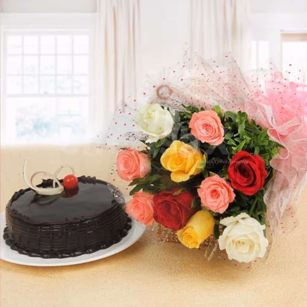 10 Mixed roses and chocolate truffle cake