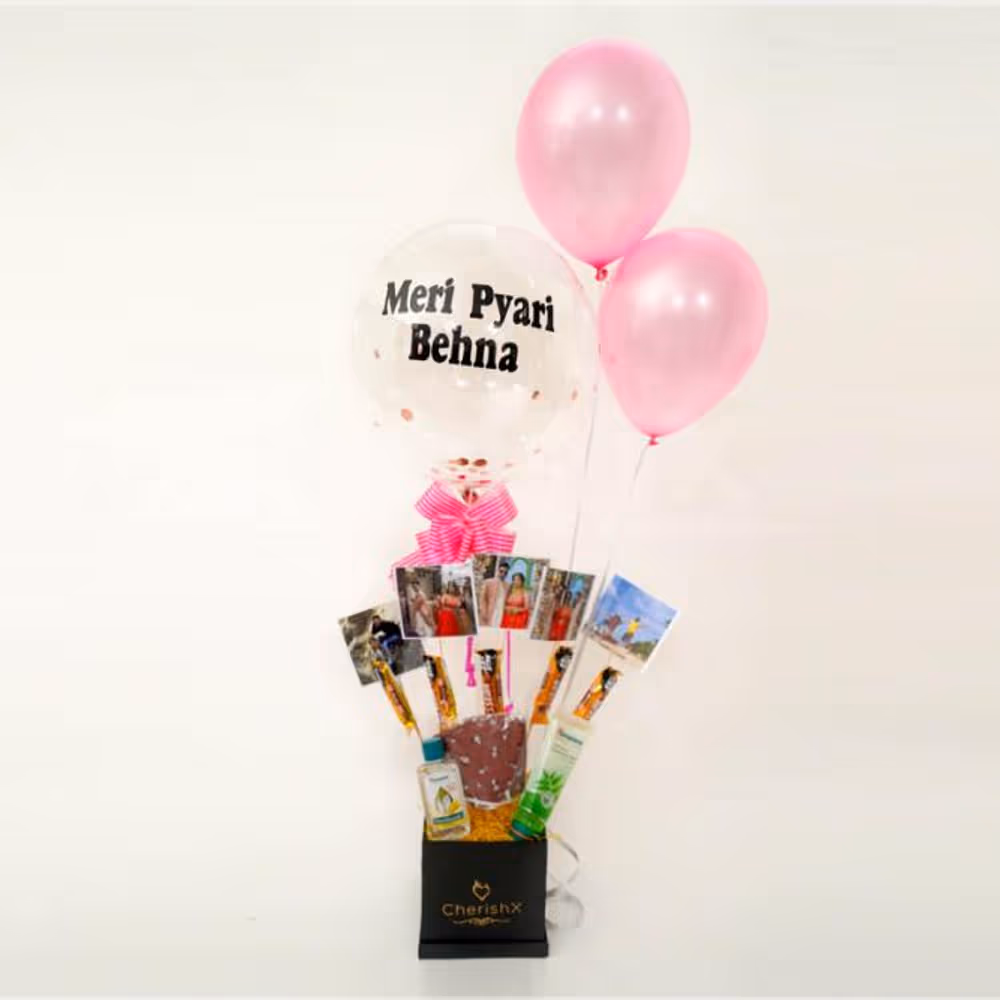 Order online and send
this beautiful bucket consisting of face wash, lip balm, a cotton mask, chocolates and
a sweet message "Meri Pyari Behen"