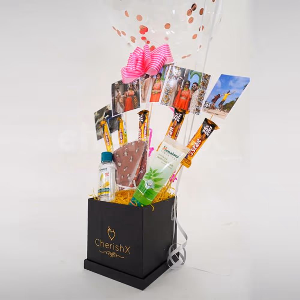 A charming bucket arranged in a beautiful way with different little gifts.