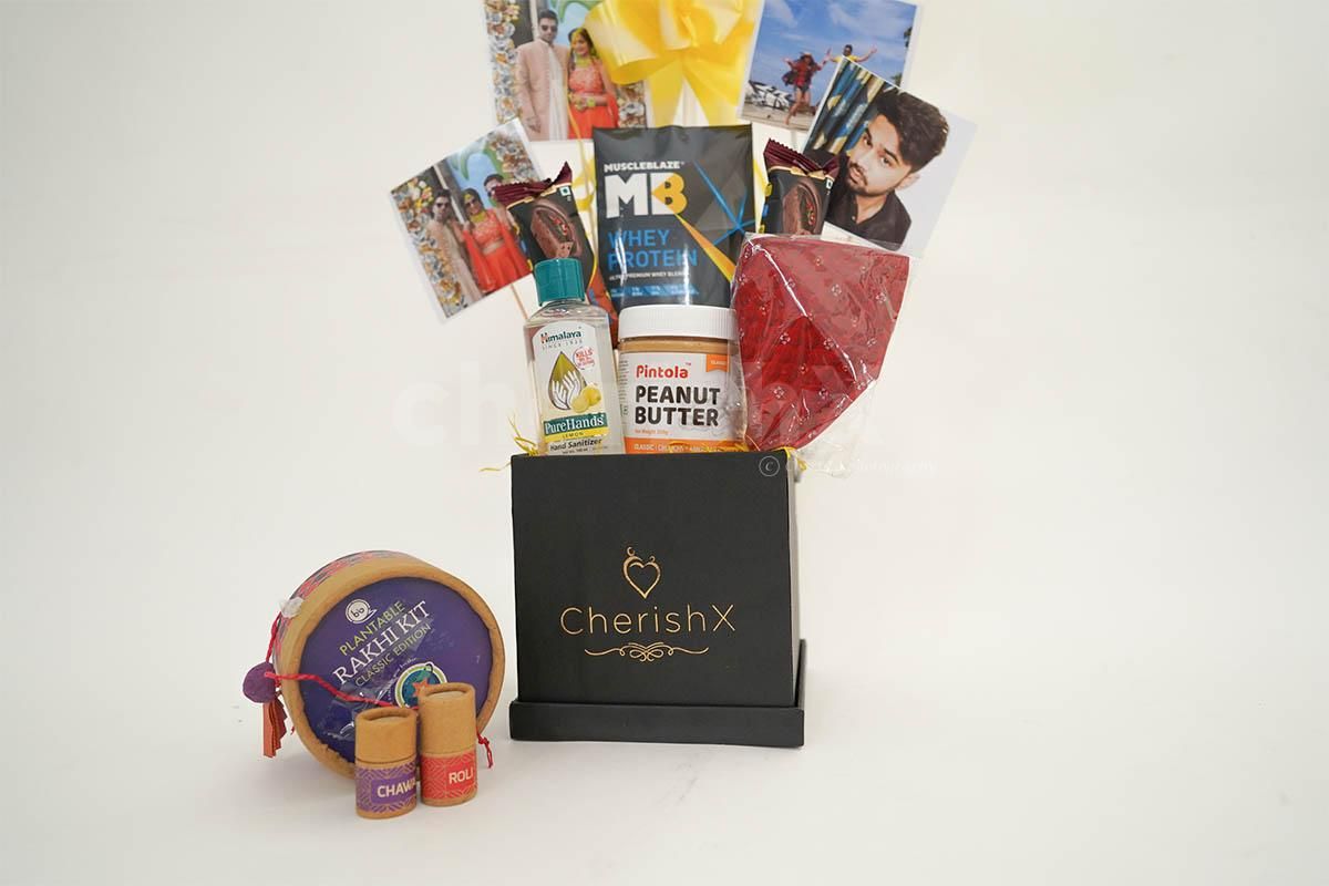 Gift your brother this unique bucket filled with protein products and bar.