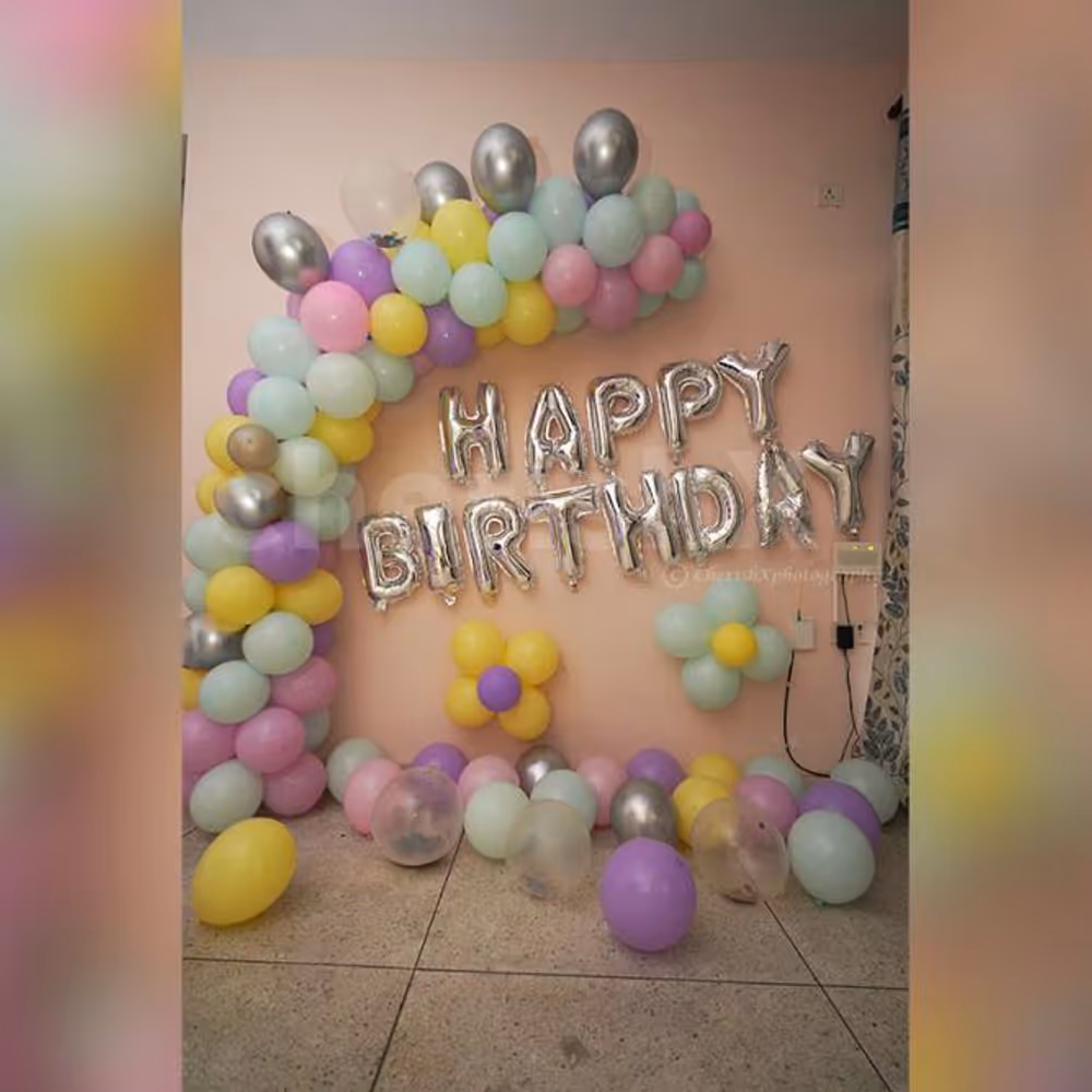 150 Balloons Pastel Balloon Decoration with Happy Birthday Foil Balloons.
