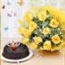 yellow roses and chocolate truffle cake