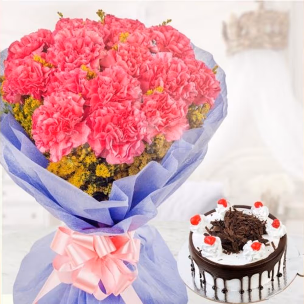 Pink carnations with blackforest cake
