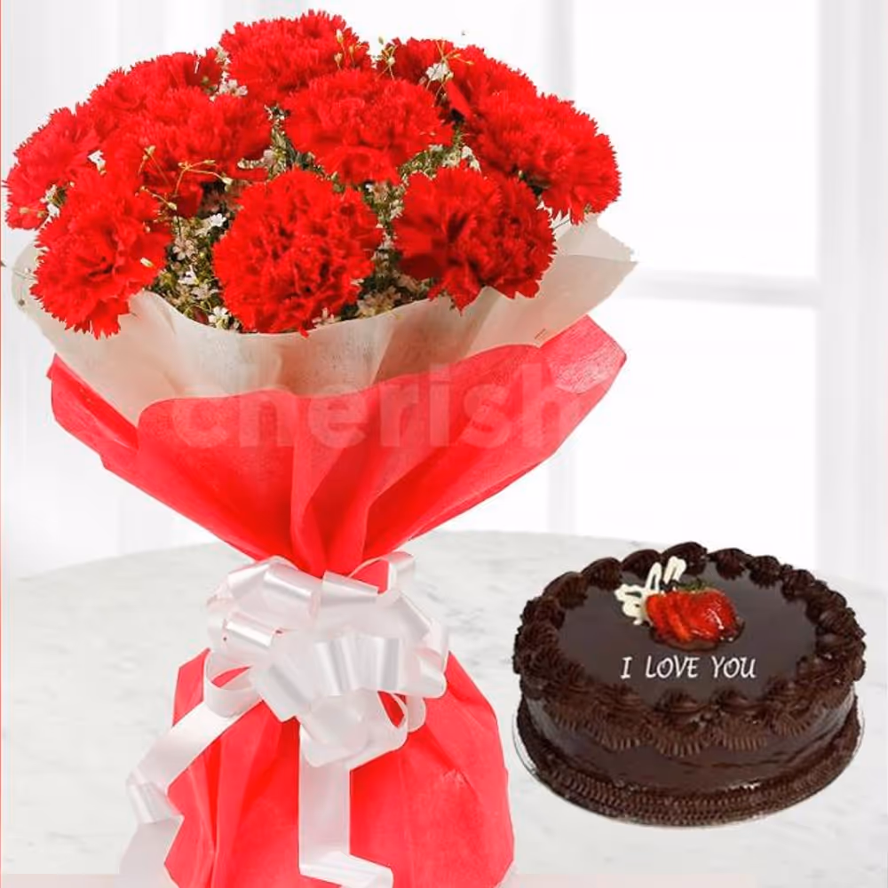 Red carnations with chocolate truffle cake