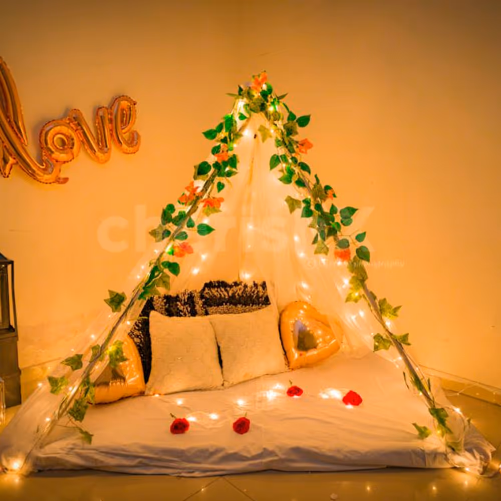 Romantic Date Night with Canopy setup at home.