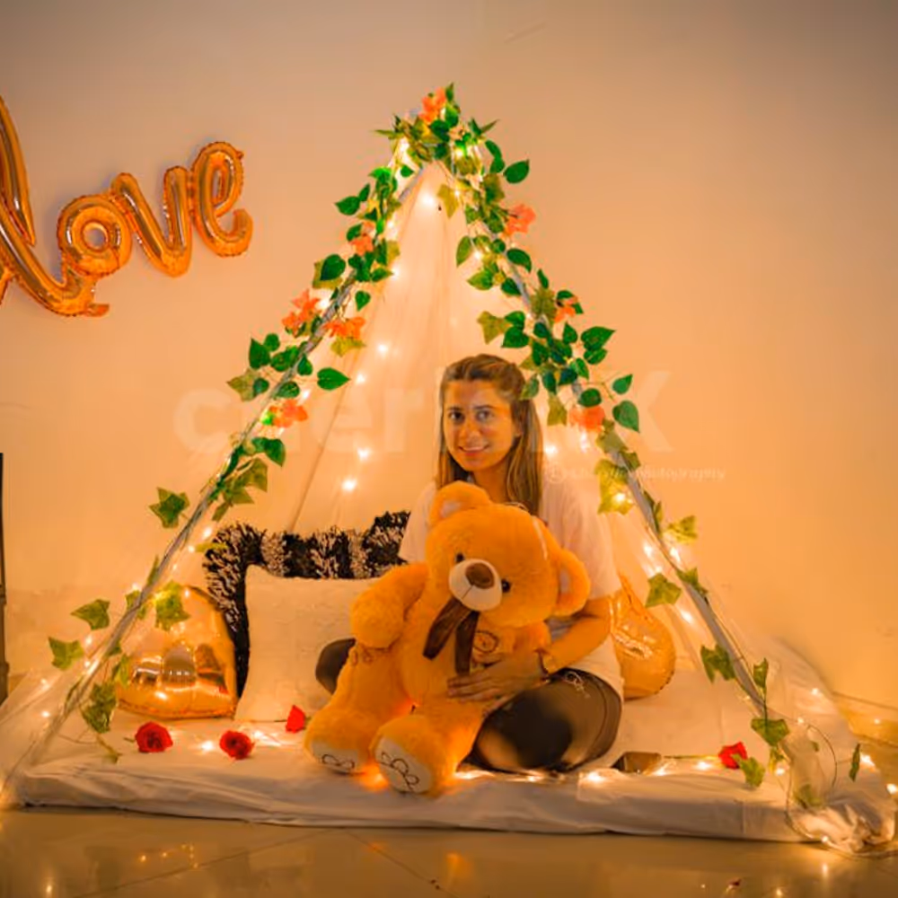 Flower Petals, Candle Decorations & Rose Gold Balloons with Canopy.